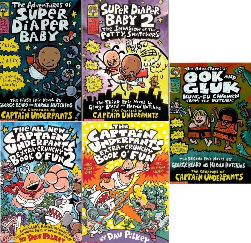 Captain Underpants Most Epic 5 Book Set: The Captain Underpants The Adventures of Ook and Gluk, Extra-Crunchy Book o' Fun, The Captain Underpants Extra-Crunchy Book o' Fun 2, The Adventures of Super Diaper Baby, Super Diaper Baby 2