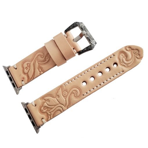 Carved Natural Leather Watch Band Strap Replacement Tooled Band Compatible with Apple & Samsung Watch Series